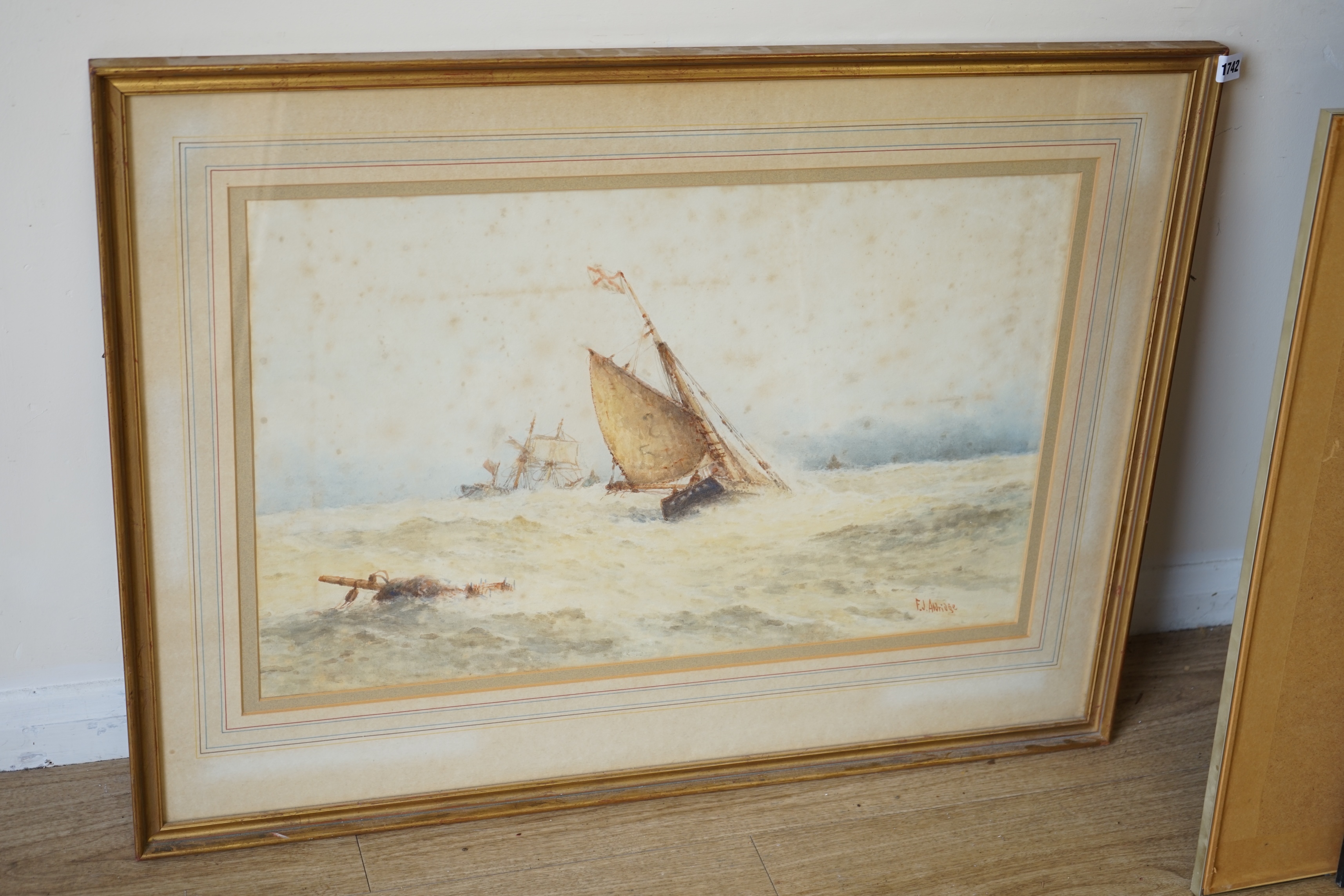 Frederick James Aldridge (1850-1933), two watercolours, Shipping scenes, each signed, largest 42 x 69cm. Condition - poor